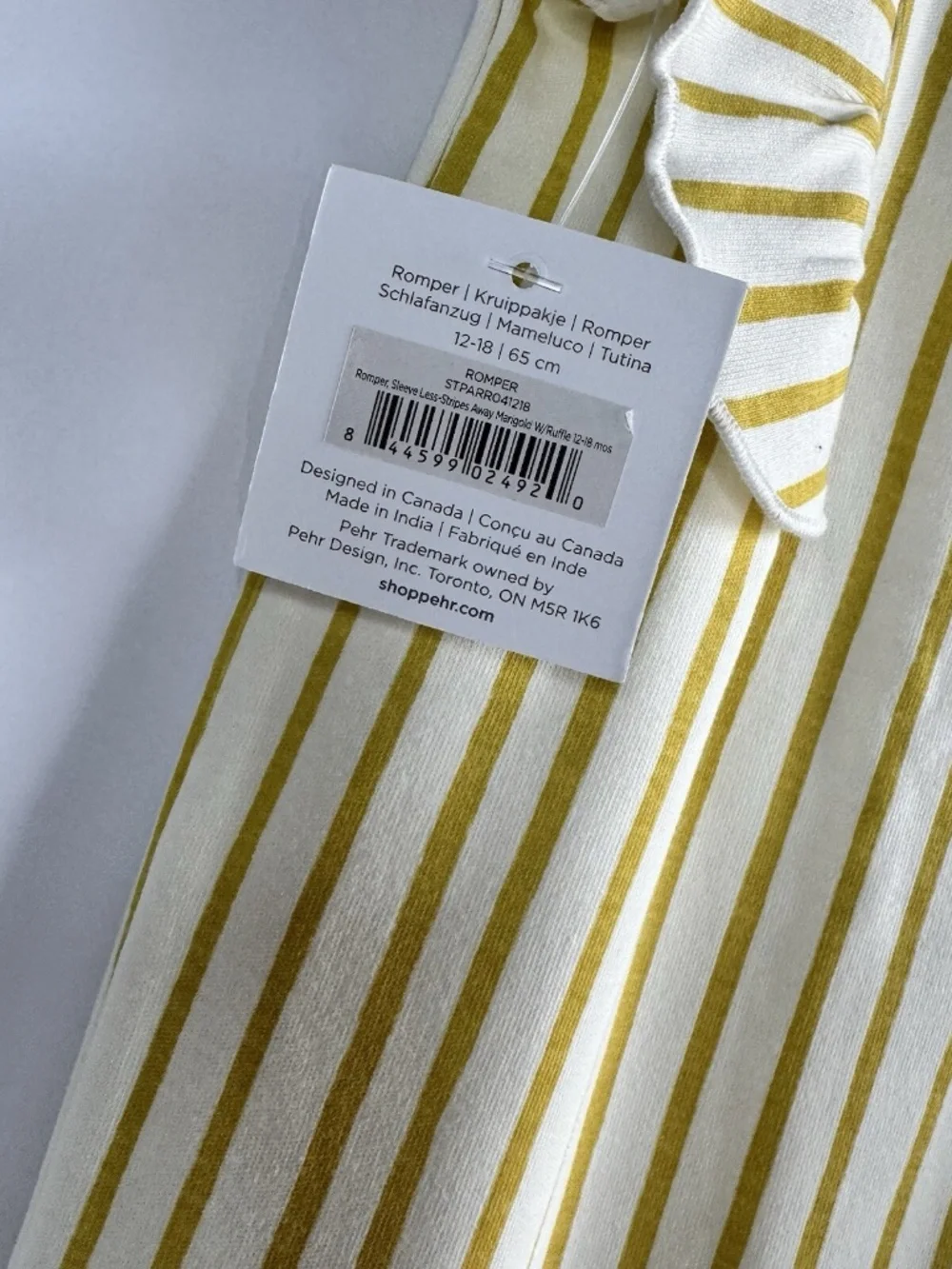 Pehr Baby One-Piece Romper, Sleeve Less-Stripes Away Marigold W/Ruffle 12-18 mon